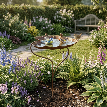 Wunderschöne Vogeltränke, verziert mit Ornamenten und zwei kleinen Vögeln ca. 84 cm - Gartendekoration